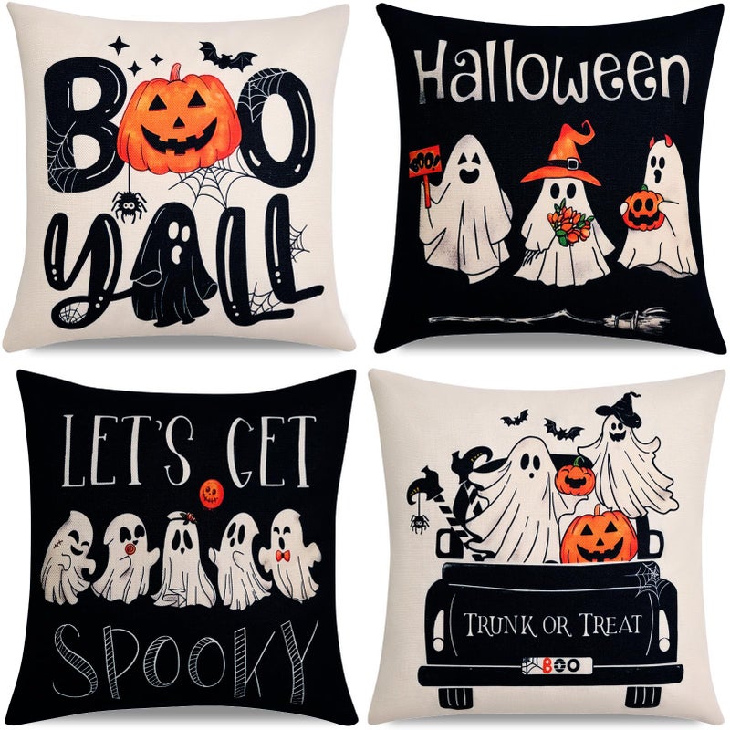 Hongsome Ghost Halloween Decor-Throw Pillow Covers 18x18in Set of 4 Spooky Gothic Linen Pillow Case for Couch Fall Christmas Holiday Outdoor Burnt Orange Black White Decorations - Image 1